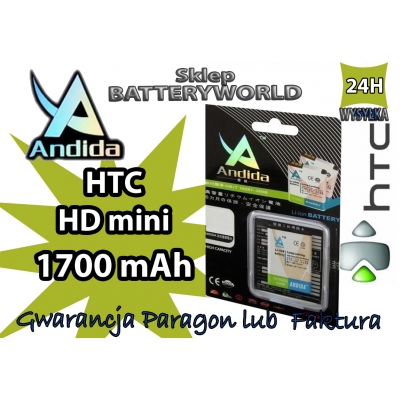 BATERIA HTC HD mini /1700 mAh / 3.7V / Andida / zamiennik: A6366, A6380, Aria, Gratia, HD Mini, HD Mini US, Liberty, Photon, T5555, DOPOD: A6380, G9,