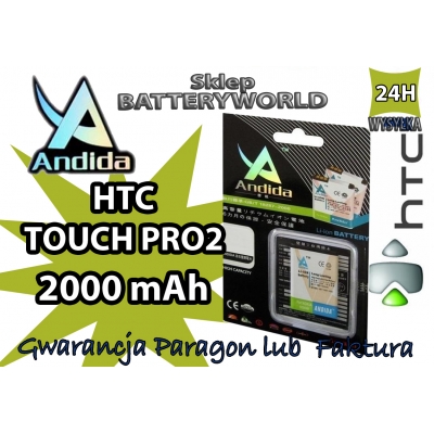 BATERIA HTC TOUCH PRO2 /2000 mAh / 3.7V / Andida / zamiennik:   HTC Touch PRO2 (t7373), HTC SNAP, BA S390
